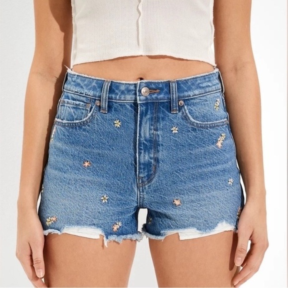 American Eagle Mom Jean Shorts‎ Size 4 Distressed Raw Hem Embroidered